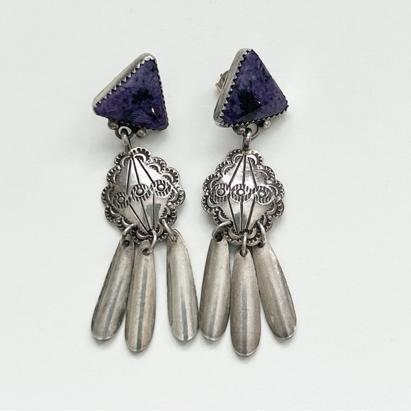 Vintage Richard Begay Navajo Charoite Sterling Silver Concho Earrings - Picture 7 of 14